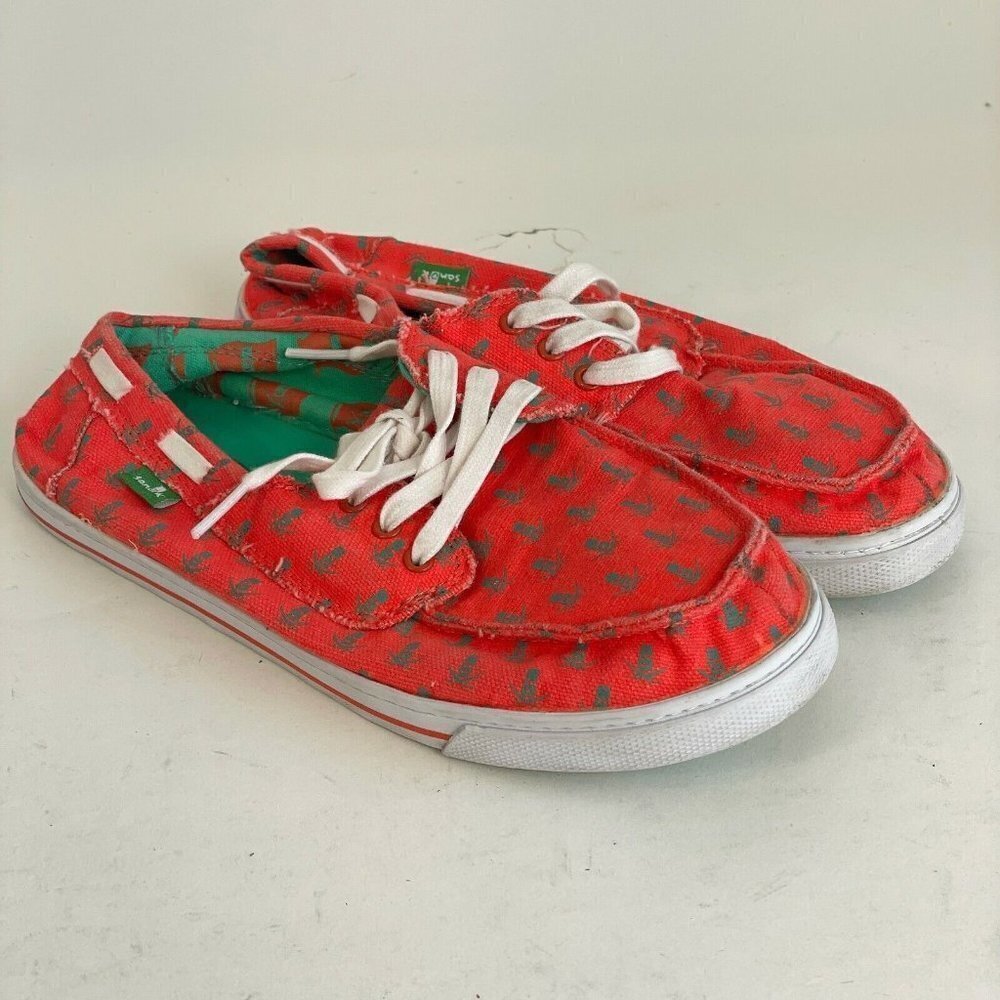 Sanuk Youth Sidewalk Surfer Lace Up Boat Shoes Red‎ 4 Printed Canvas Low Casual